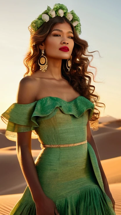 Zendaya undercover, with brown skin and long, curly waist-length brown hair, wearing a Swiss grass green dress with flowing ruffle details, reflecting the setting sun's light. She has a floral tiara with red, white, green, and pink flowers, bold red lipstick, and golden hoop earrings. The backdrop is a desert with rolling dunes, blue sky, and the setting sun painting the sands with amber and gold tones, highlighting her silhouette. She is in profile, partially turning her back to the right side but looking at the camera, in a realistic and professional style like a magazine photoshoot. Very similar to Zendaya. #zendaya