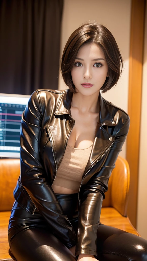 best image quality、超A high resolution、1 girl、beautiful face、short hair、Announcer wearing a long-sleeved leather jacket、sitting in the studio