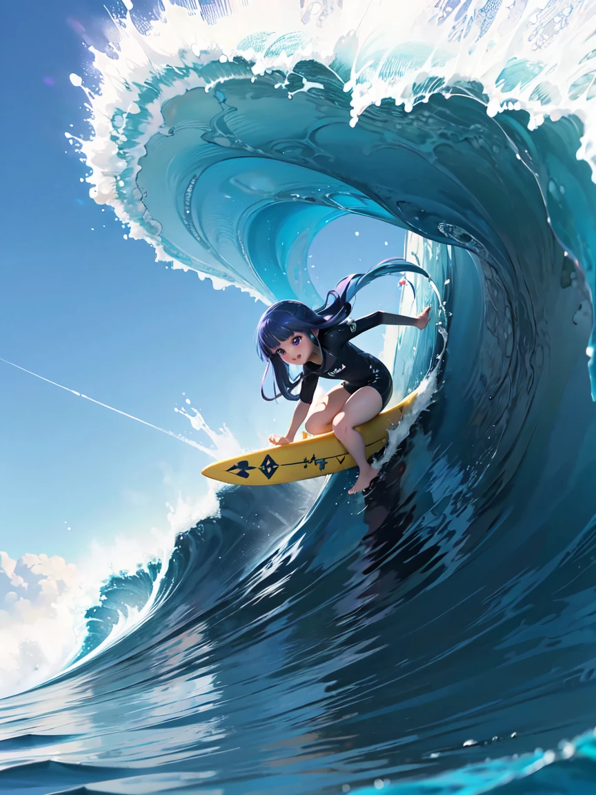 (surfing), Big Wave, performance, dynamic, Splash of the sea, Sports, action, girl, alone, (Rika Furude), Blue Hair, Purple eyes, Long Hair, blunt bangs, bangs, I&#39;m 11 years old, 