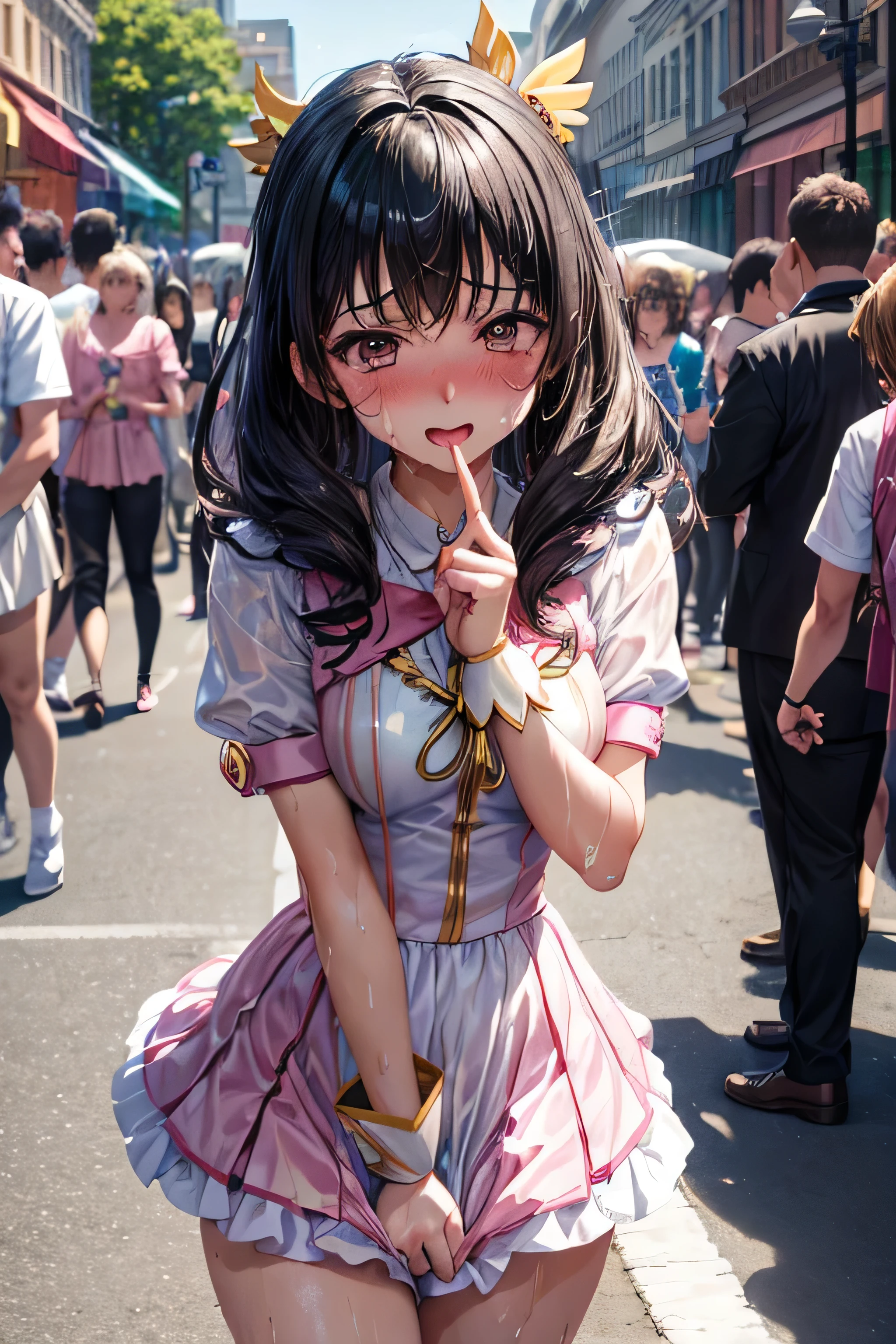 One Woman,20-year-old,((Magical Girl Costume)) ,(((Blushed))), )), ((()))((Mouth open)),(((Magical Girl Costume))(Happy Ahegao),Wet with sweat,(Black-haired,),((street,crowd,))(())