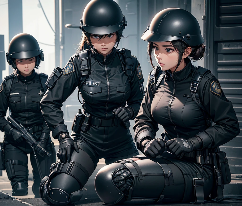 A group of female police officers wearing black zippered uniforms、Wear a steel helmet、Gloves、Tactical shoulder strap、Knee pads、Write details、masterpiece、best quality、Highly detailed CG、8K picture quality