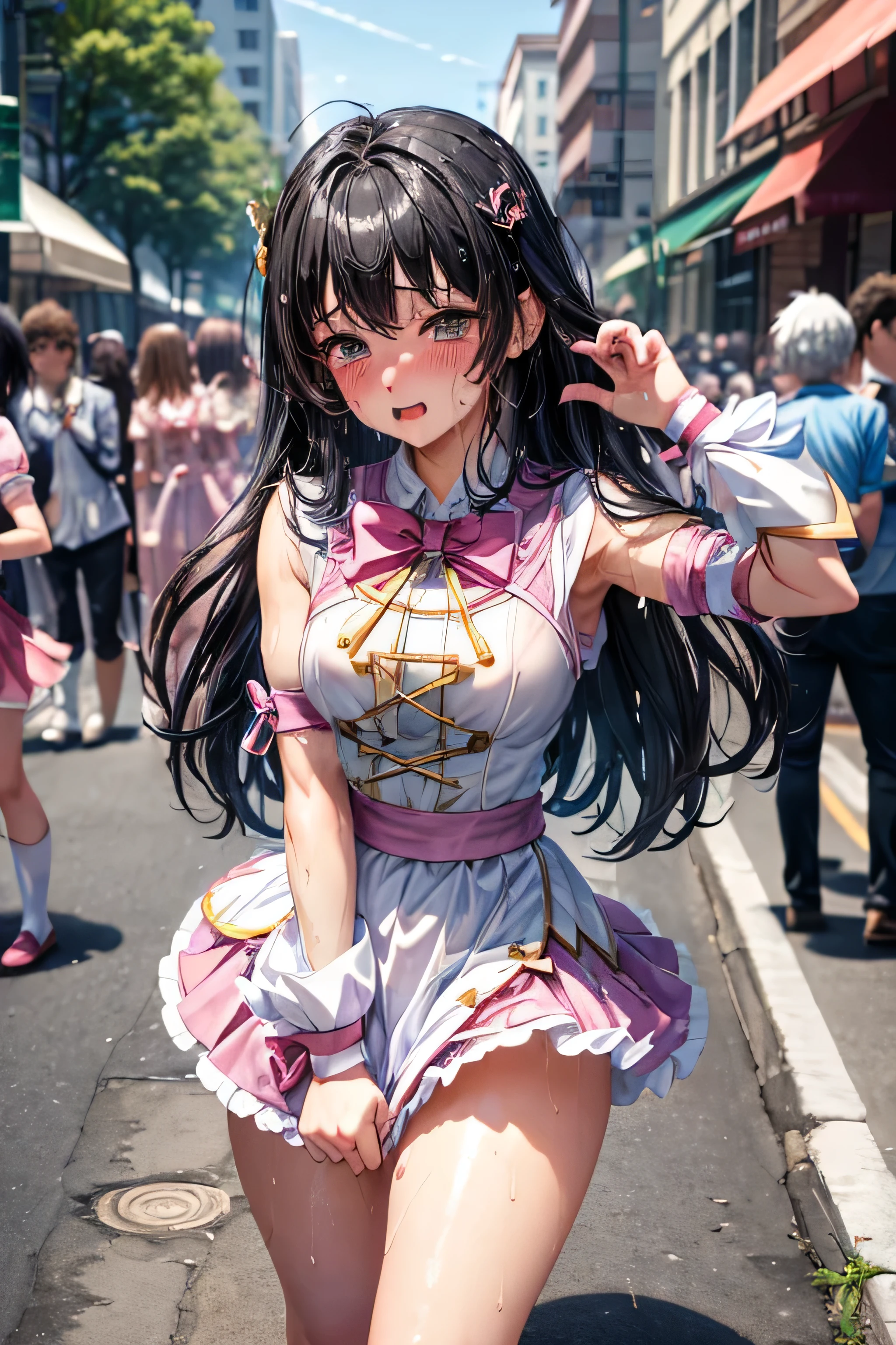 One Woman,20-year-old,((Magical Girl Costume)) ,(((Blushed))), )), ((()))((Mouth open)),(((Magical Girl Costume))(Happy Ahegao),Wet with sweat,(Black-haired,),((street,crowd,))(())