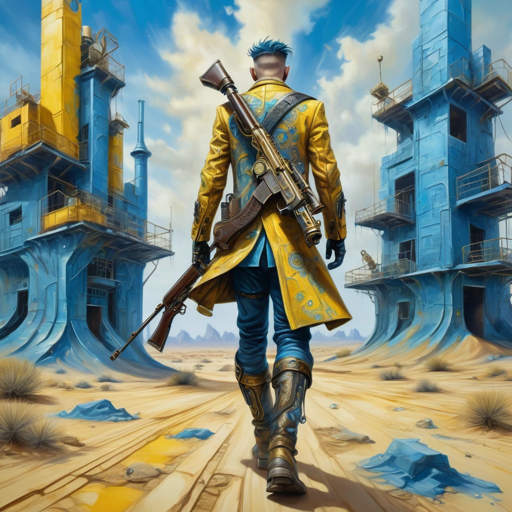 oil on canvas, ornate rifle, tattoo style composition, artistically arranged elements, high relief textured, steampunk man in the desert walking alone, construction, construction site, building, mostly blue tones and yellow details, floor, impressionalism, 8k, 4D