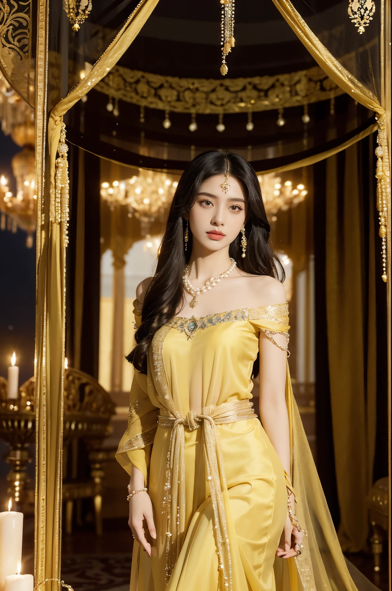 (((best quality))),(((ultra detailed))),(((masterpiece))),illustration,((1girl,Arabian dancer,solo)),(yellow hijab:1.3),((slim,thin)),((small breasts,flat chest)),((earrings,necklace)),((pearls,jewels,gemstones)),(night scene:1.3),(standing:1.3),(arms behind back:1.3),(in luxurious palace:1.3),(indoor:1.3),(gorgeous embroidered yellow sheer abaya:1.3),intricate patterns,((Arabian theme,Middle Eastern culture)),(shoulder length straight hair:1.2),(sheer veil on face:1.3),mystery, ornate furnishings, decorations, enchantment, magic, Persian magic carpet,night sky, floating,flame, fulfillment of desires,romance,One Thousand and One Nights, coherent narrative, dreamlike atmosphere, deep emotions, graceful movements, passion, face beneath the veil, beloved's dream, timeless beauty, enchantment,magical world, wondrous journey,((from front,upper body))