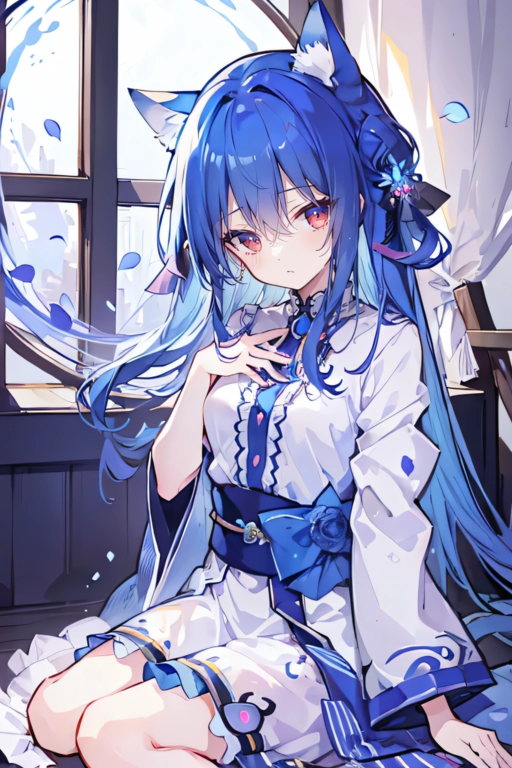 (Masterpiece:1.2),Ultra-detailed,lifelike,The eyes are expressive,Fair skin,Perfect face shape,1 girl,Japanese Manga,Gorgeous blue hair,Flowing blue hair,Flowing clothes,Cat ears,Petals falling,Shy face,sitting on window,Place your hand on your lips.