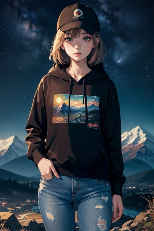 ((best quality)), ((masterpiece)), (detailed), 1 girl , black hoodie , black cap , standing position , facing backward , starry night background , mountain background , night time , jeans , cap covering the face
