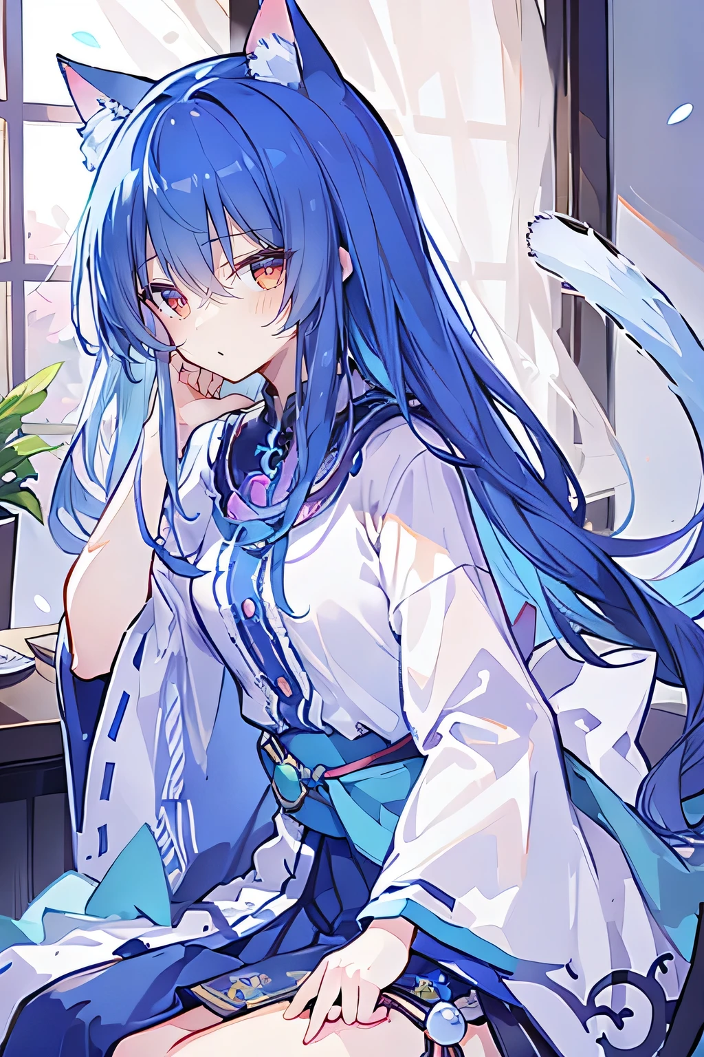 (Masterpiece:1.2),Ultra-detailed,lifelike,The eyes are expressive,Fair skin,Perfect face shape,1 girl,Japanese Manga,Gorgeous blue hair,Flowing blue hair,Flowing clothes,Cat ears,Petals falling,Shy face,sitting on window,Place your hand on your lips.