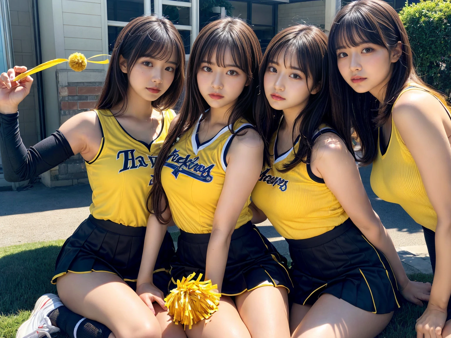 masterpiece, best quality, illustration, Super detailed, fine details, High resolution, 8K,wall paper, perfect dynamic composition,(Details High quality, realistic depiction of eyes:1.3), (3 girls), BREAK (cheerleader uniform with yellow as basic color:1.3), (holding a yellow pompoms in hand:1.4), (sleeveless yellow tunic with baseball team logo:1.4), yellow tops, (bold V-neck:1.3), ((Blue lines, black lines) on tops:1.3), ((fit and flare, A-line):1.3), (A-line yellow rah-rah skirt:1.3), mini skirt, (black socks:1.3), (sports shoes:1.2), sitting, open legs, short bob hair, in a hotel room in the background, deep on field, large breasts, black hair color, Big Natural Color Lip, (perfect body shape), crying a little、Harajuku style、20 year old girl、cute type、beautiful legs, Gravure Idol
