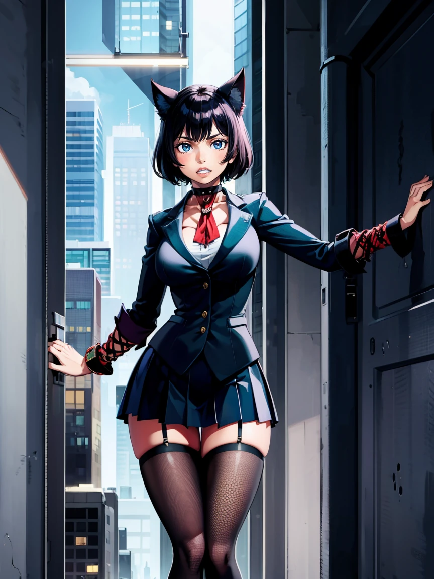 score_9, score_8_above, score_7_above, 32K, 1 girl, Alone, cat girl, fishnet stockings, pleated skirt, in skyscrapers, futuristic interior, looking at the viewer,  moe fang, Closed mouth, choker, Dynamic pose