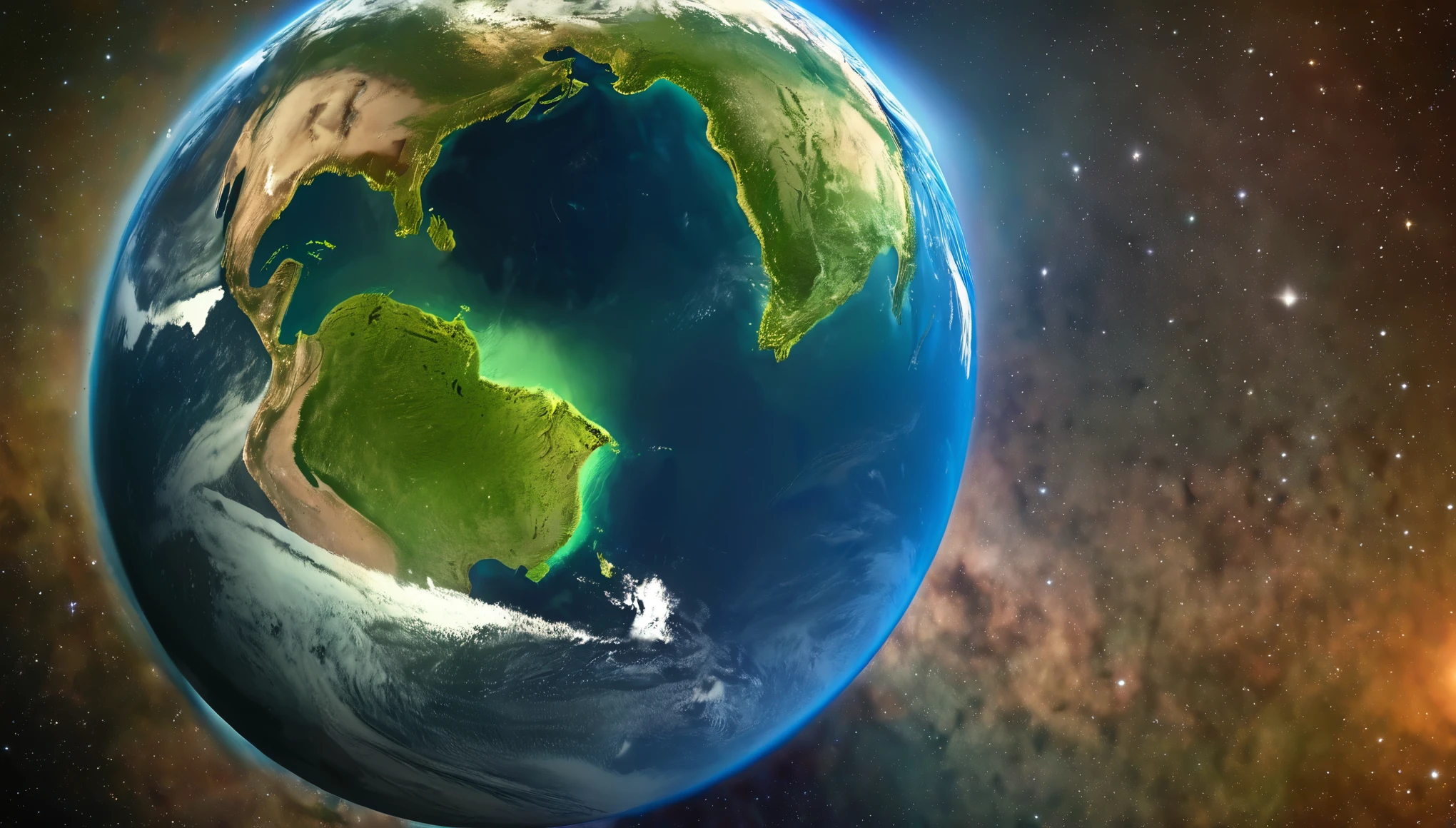 Hyper-realistic cinematic photographic patterns, realistic photo, lighting and ultra-detailed image. A panorama of planet Earth seen from space, showing oceans, forests and skies full of life. Shades of blue, green and brown, with a soft glow around the planet, symbolizing the vitality and expansion of life. Widescreen format with 4K resolution.