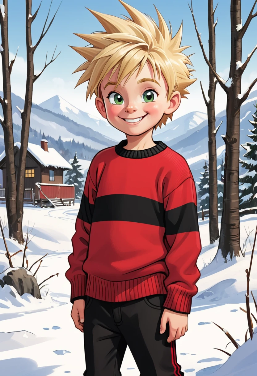 Cartoon of 6 year old boy, blonde spiky hair, mischievous smile, black pants, red sweater with small horizontal black stripes, winterlandscape