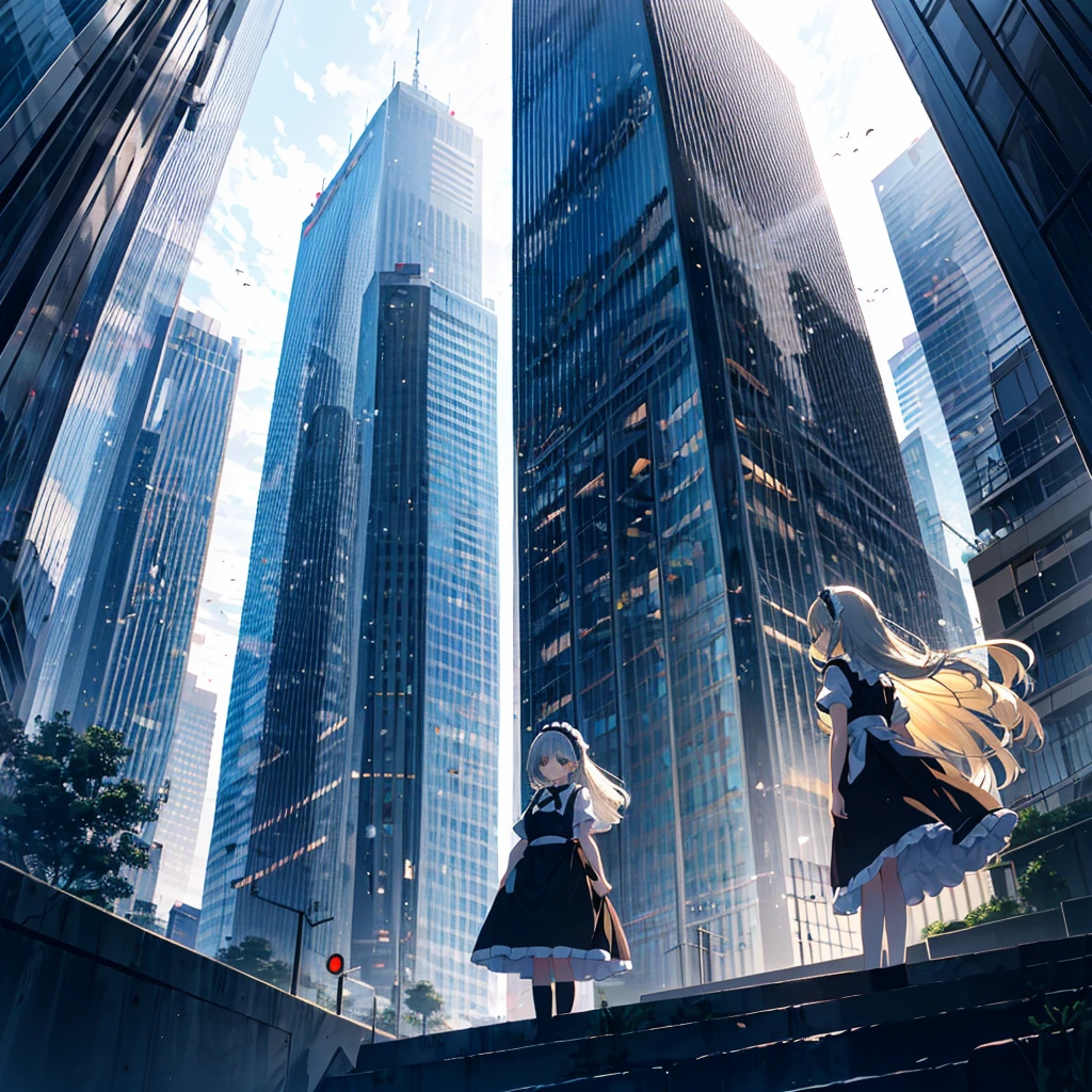 Two girls, maid clothes, maid headband, from below
(((Very girl))), ((7 years old)), (Silver hair), (Blonde), (Very long hair), standing in front of a skyscraper, her skirt fluttering,