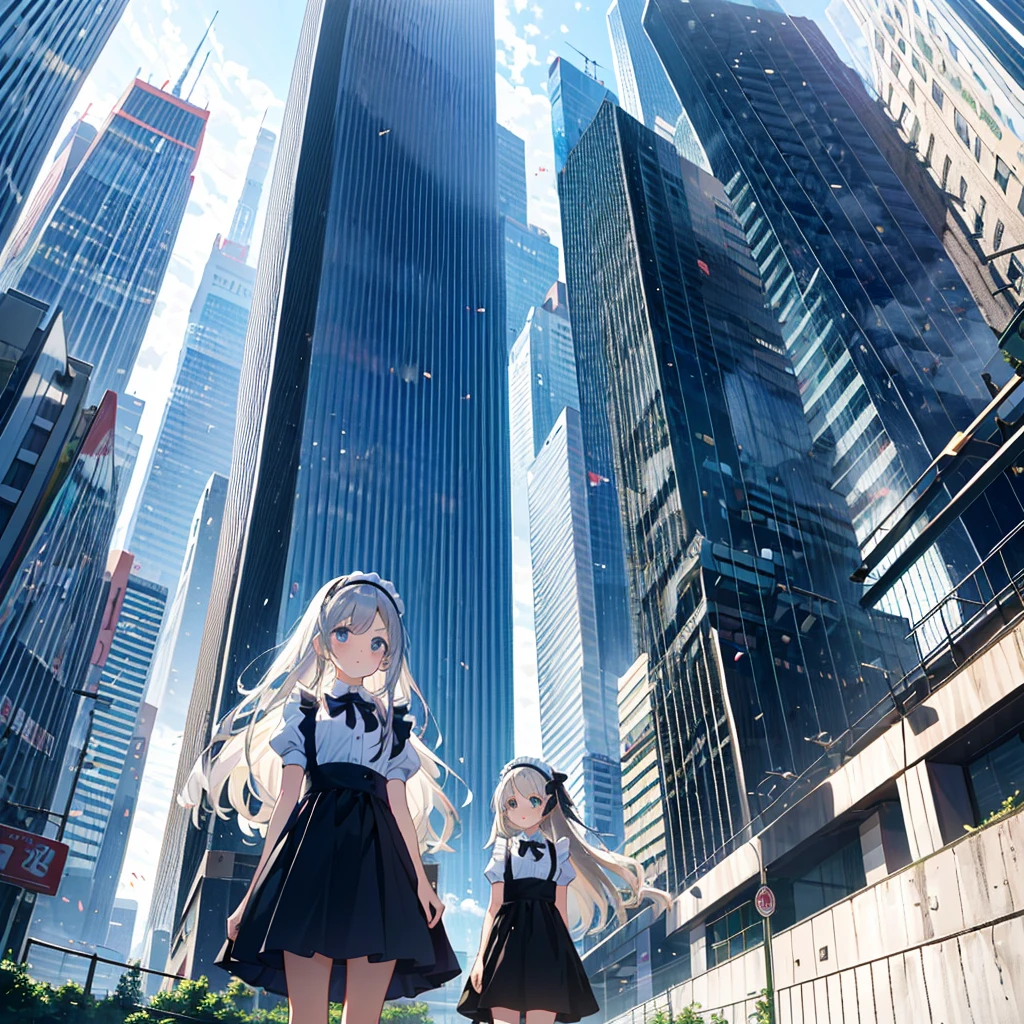 Two girls, maid clothes, maid headband, from below
(((Very  girl))), (()), (Silver hair), (Blonde), (Very long hair), standing in front of a skyscraper, her skirt fluttering,