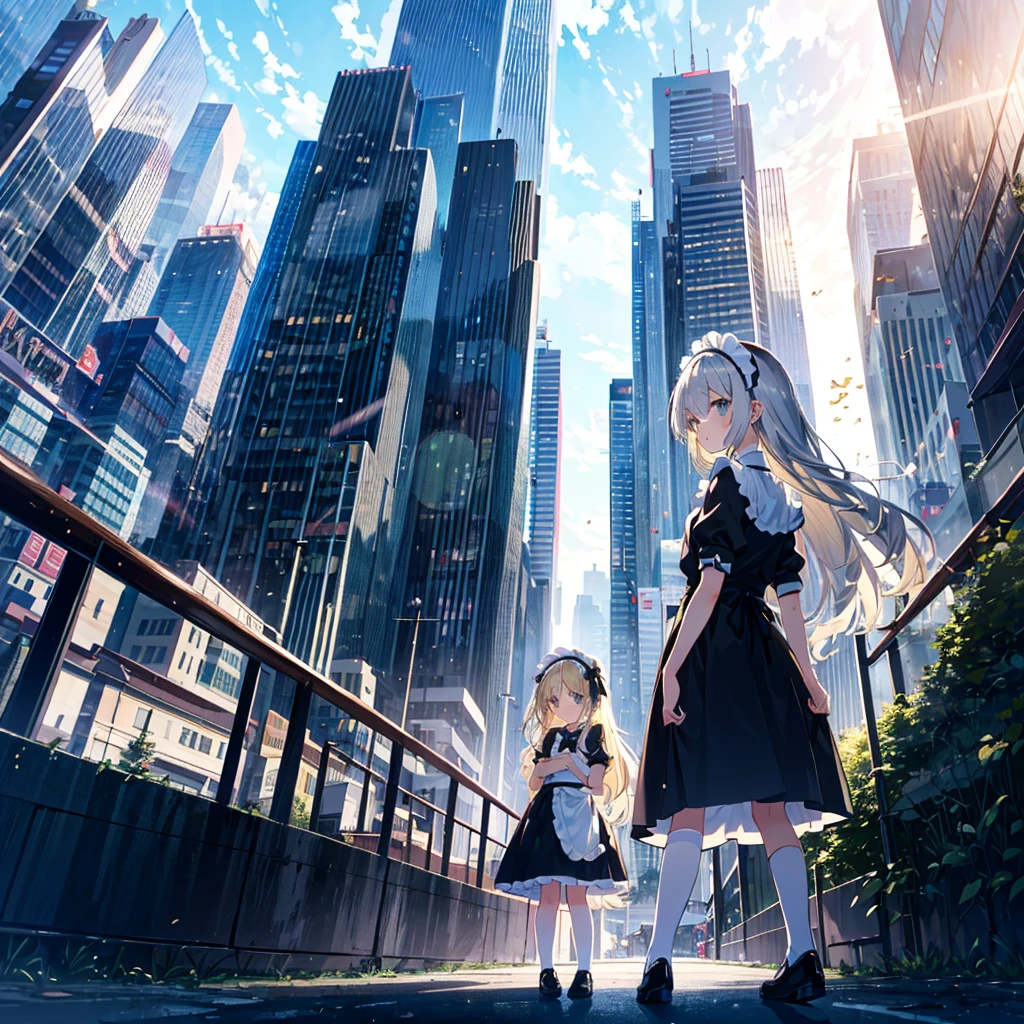 Two girls, maid clothes, maid headband, from below
(((Very  girl))), ((7 years old)), (Silver hair), (Blonde), (Very long hair), standing in front of a skyscraper, her skirt fluttering,