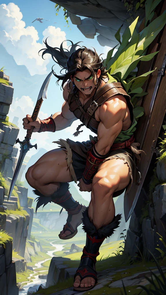 Hernan the barbarian, coming down from black dragon with green eyes, two axes, war cry