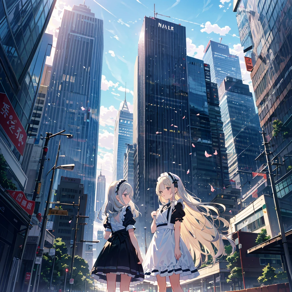 Two girls, maid clothes, maid headband, from below
(((Very girl))), ((7 years old)), (Silver hair), (Blonde), (Very long hair), standing in front of a skyscraper, her skirt fluttering,