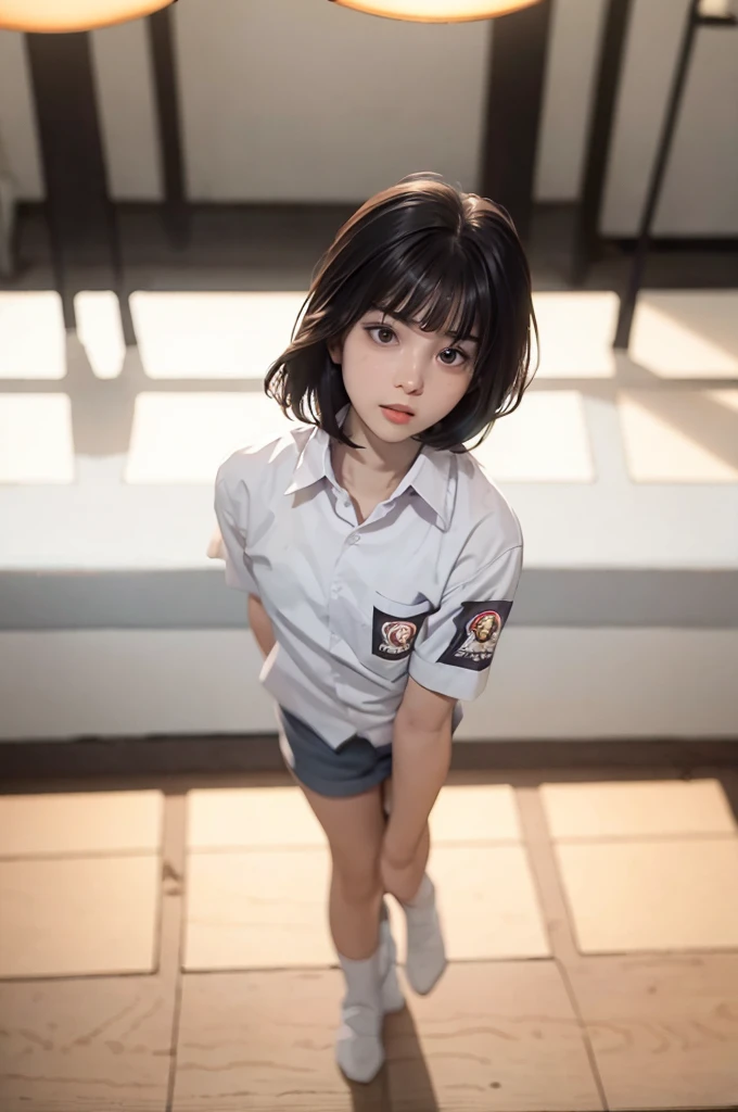 masterpiece, best quality, (dark photo:1.3), photorealistic, 1girl, flat bangs, stunning innocent symmetry face, shirt, emotional, ulzzang, (PureErosFace_V1:0.7)