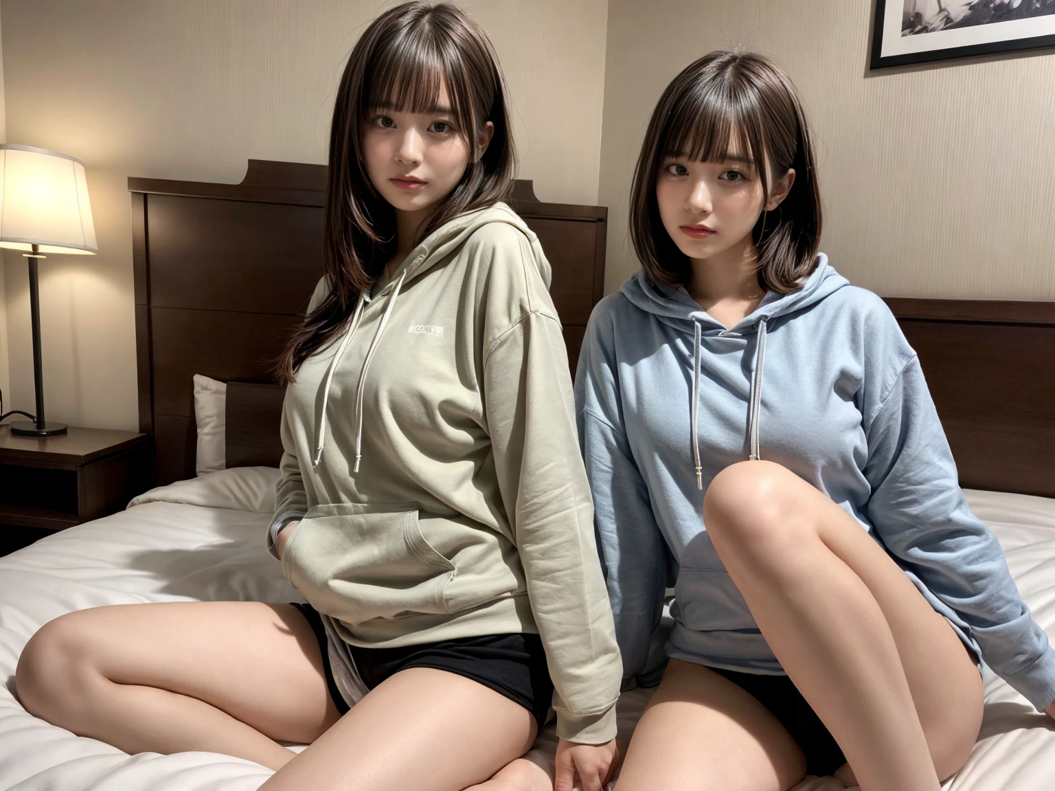 masterpiece, best quality, illustration, Super detailed, fine details, High resolution, 8K,wall paper, perfect dynamic composition,(Details High quality, realistic depiction of eyes:1.3), (2 girls), Oversized Light Grey Hoodie, ?????? Shorts, sitting, open legs, short bob hair, in a hotel room in the background, deep on field, large breasts, black hair color, Big Natural Color Lip, (perfect body shape), crying a little、Harajuku style、20 year old girl、cute type、beautiful legs, Gravure Idol