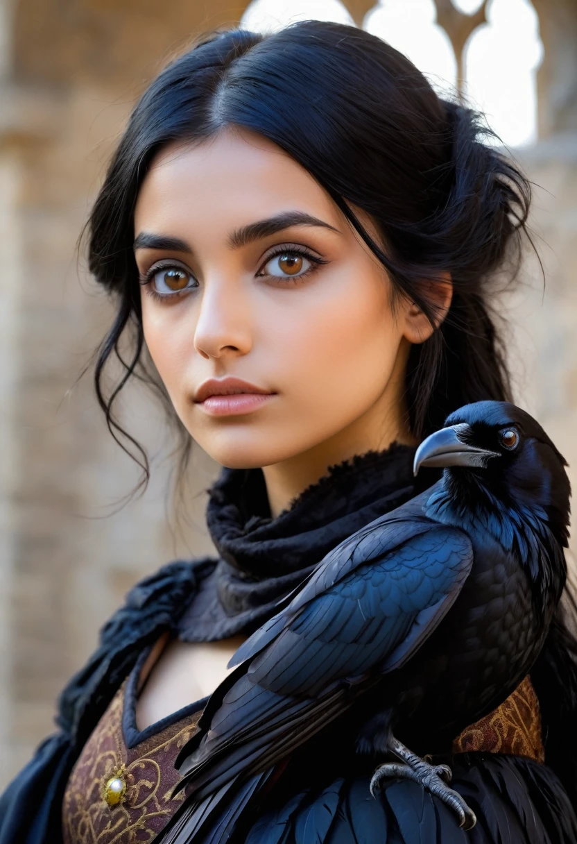 girl, black hair, brown eyes, medieval style, black raven sitting on her shoulder
