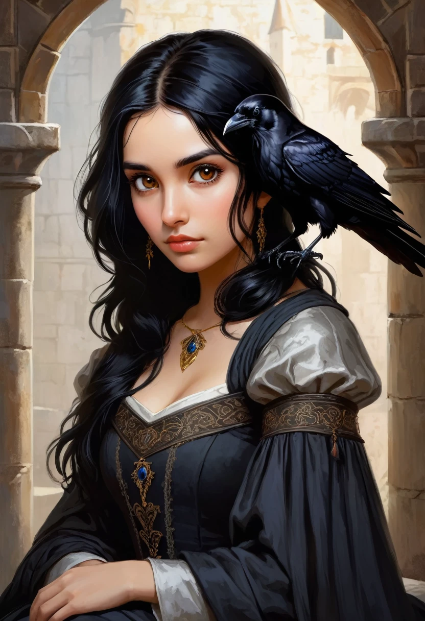 girl, black hair, brown eyes, medieval style, black raven sitting on her shoulder