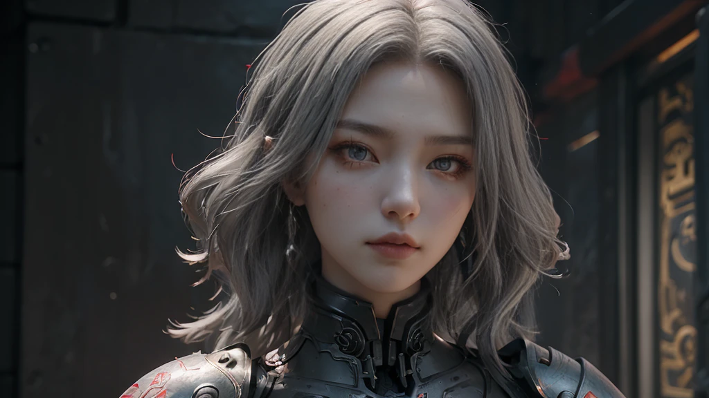 masterpiece,Game Art,Best picture quality,Maximum resolution,8K,(portrait),Unreal Engine 5 rendering works,(Digital Photography),((portrait Feature:1.5)),
20 year old girl,Short hair details,Long bangs,(The red eye makeup is carefully applied),(With long gray hair:1.4),(Large target, Full breasts),Elegance and nobility,Brave and charming,
(The future armor combines the characteristics of Chinese armor,hollow-carved design,Power Armor,Mysterious oriental runes,Exquisite clothing patterns,Magic Flash),Future Warrior,Cyberpunk Characters,War Background,
light,Ray Tracing,Game CG,((3D Unreal Engine)),OC rendering reflection mode