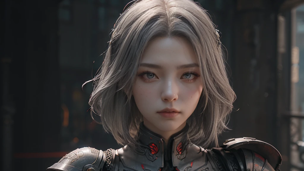 masterpiece,Game Art,Best picture quality,Maximum resolution,8K,(portrait),Unreal Engine 5 rendering works,(Digital Photography),((portrait Feature:1.5)),
20 year old girl,Short hair details,Long bangs,(The red eye makeup is carefully applied),(With long gray hair:1.4),(Large target, Full breasts),Elegance and nobility,Brave and charming,
(The future armor combines the characteristics of Chinese armor,hollow-carved design,Power Armor,Mysterious oriental runes,Exquisite clothing patterns,Magic Flash),Future Warrior,Cyberpunk Characters,War Background,
light,Ray Tracing,Game CG,((3D Unreal Engine)),OC rendering reflection mode