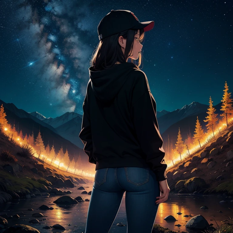 ((best quality)), ((masterpiece)), (detailed), 1 girl , black hoodie , black cap , standing position , facing backward , starry night background , mountain background , night time , jeans , cap covering the face , looking at the back