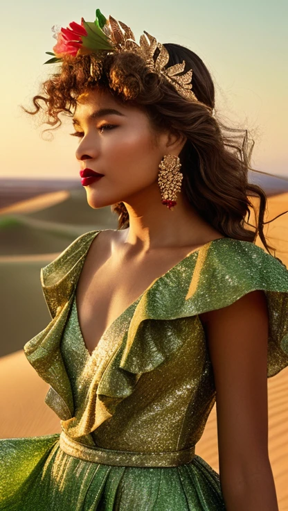 Zendaya undercover, with brown skin and long, curly waist-length brown hair, wearing a Swiss grass green dress with flowing ruffle details, reflecting the setting sun's light. She has a floral tiara with red, white, green, and pink flowers, bold red lipstick, and golden hoop earrings. The backdrop is a desert with rolling dunes, blue sky, and the setting sun painting the sands with amber and gold tones, highlighting her silhouette. She is in profile, partially turning her back to the right side but looking at the camera, in a realistic and professional style like a magazine photoshoot. Very similar to Zendaya. #zendaya.