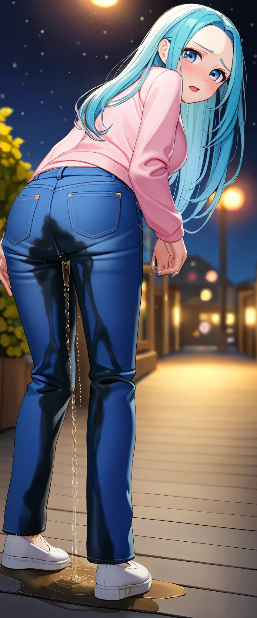 ((best quality, masterpiece:1.3, 8K)), (detailed), highly detailed face and skin texture, detailed eyes, full body, (from behind:1.5), outdoor night, (slender body:1.1), 1girl, (solo), (18+ years old), white skin, bright lips, worried, embarrassed, panicking, long hair, (forehead:1.0), (colorful outfit:1.2), medium breast, (jeans pants:1.5, blue jeans:1.5), (((wetting herself:1.8))), desperation:1.2,