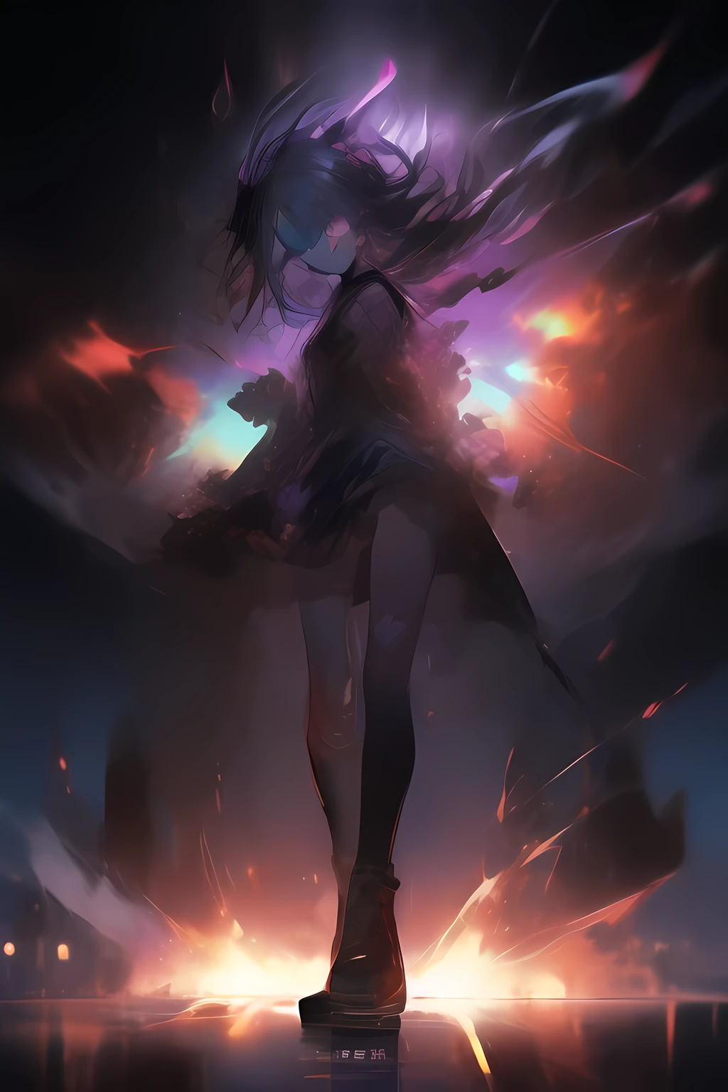 masterpiece, Highest quality, Very detailed, Abstract、Full body photo, Shooting from the side, Three-part method, darkness, Shine, green, High saturation、sketch、Handwriting、watercolor、Blurred、Focus on the eyes、A girl 、Purple eyes、(Sprinting:1.3), Speed、Uplifting、(Gothic ta:1.2)、gathered around a graffiti-covered wall under a vibrant, dusk sky. They exude a rebellious, energetic vibe, with eclectic clothing styles, including band t-shirts, leather jackets, and ripped jeans. Some are holding skateboards, while others are playing guitars or chatting animatedly. The cityscape in the background is a mix of towering buildings and neon lights. The scene captures the raw, youthful defiance and chaotic energy of Sonic Youth’s ‘Teen Riot,’ with a sense of camaraderie and countercultural spirit reflected in the group’s dynamic poses and the gritty, colorful environment、Purple Color