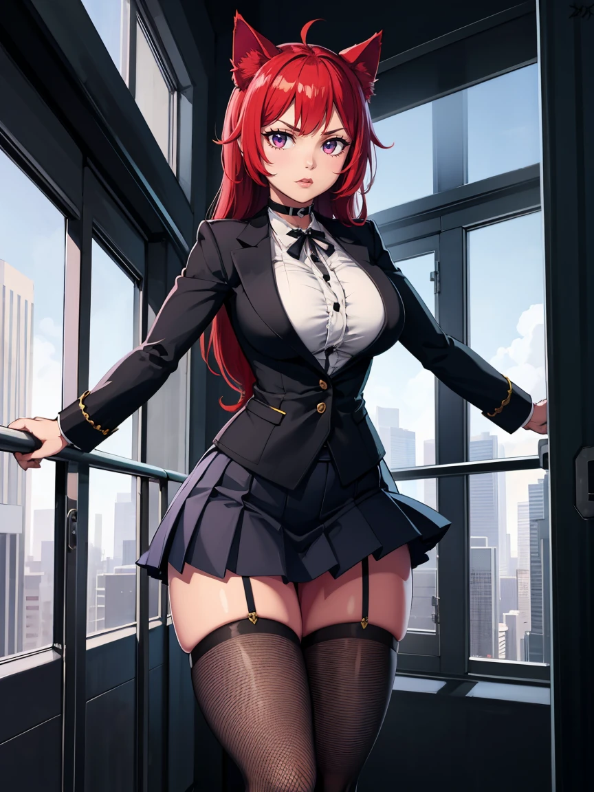 score_9, score_8_above, score_7_above, 32K, 1 girl, Alone, cat girl, fishnet stockings, pleated skirt, in skyscrapers, futuristic interior, looking at the viewer, moe fang, Closed mouth, choker, Dynamic pose