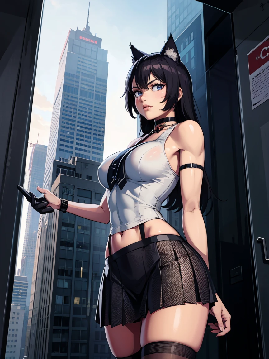 score_9, score_8_above, score_7_above, 32K, 1 girl, Alone, cat girl, fishnet stockings, pleated skirt, in skyscrapers, futuristic interior, looking at the viewer, moe fang, Closed mouth, choker, Dynamic pose
