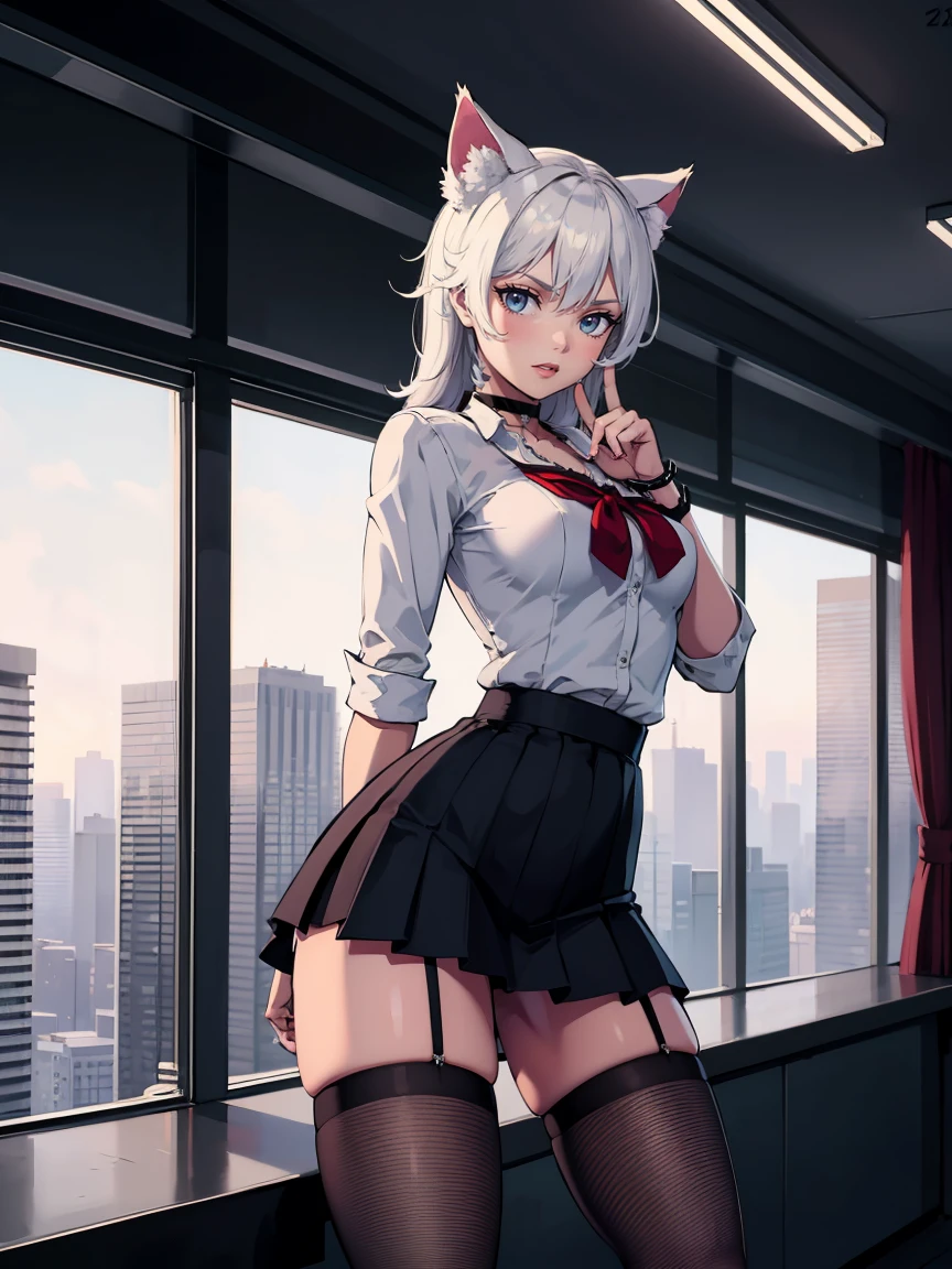 score_9, score_8_above, score_7_above, 32K, 1 girl, Alone, cat girl, fishnet stockings, pleated skirt, in skyscrapers, futuristic interior, looking at the viewer, moe fang, Closed mouth, choker, Dynamic pose
