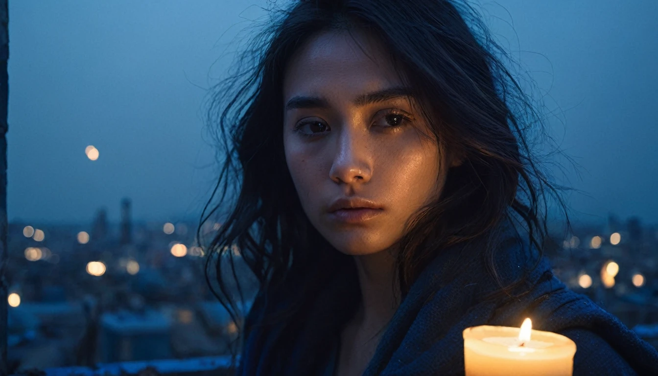 Create a cinematic, realistic photo with closeup shot with clear face. IOn a dimly lit, blue-tinted rooftop overlooking a decayed cityscape, Jessy stands near the edge, illuminated by the soft, flickering light of a candle she holds. The candlelight casts a warm glow on her face, revealing a mix of sadness and fierce determination. The vast, crumbling city below is shrouded in shadows, contrasting with the clear, focused expression on Jessy’s face. The blue tones and the gentle candlelight emphasize her inner strength and belief in her vision, creating a poignant scene of hope amidst the desolation. The overall mood is serene and breathtaking.