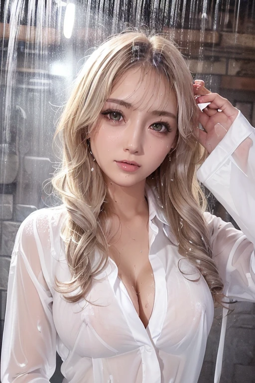 high quality, detailed,((she is showering head first.(She has her breasts strongly rubbed by a man.)(lots of white water droplets)))(at night:2.0),she is gal,prostitute,in the shower room,very well tanned skin gal,(green eyes),(wavy hair,blonde hair,wet,very wet hair),(small breasts),((wearing long sleeve white oversized business shirt,very very wet transparent shirt made of very thin fabric)),slender,(see the cleavage),(nipples),temptation,ecstasy,super orgasm,((cheek are very red))