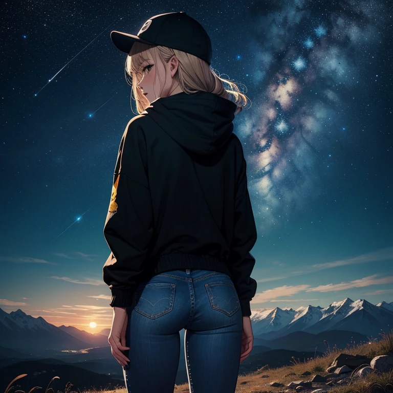 ((best quality)), ((masterpiece)), (detailed), 1 girl , black hoodie , black cap , standing position , facing backward , starry night background , mountain background , night time , jeans , cap covering the face , looking at the back