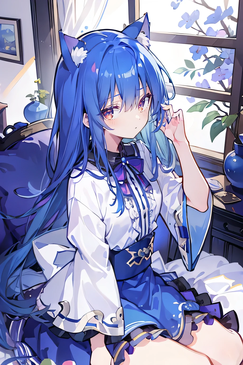 (Masterpiece:1.2)，Ultra-detailed，lifelike，The eyes are expressive，Fair skin，Perfect face shape，1 girl，Japanese Manga，Gorgeous blue hair，Flowing blue hair，Flowing clothes，Cat ears，Petals falling，Shy face，sitting on window，Place your hand on your lips.
