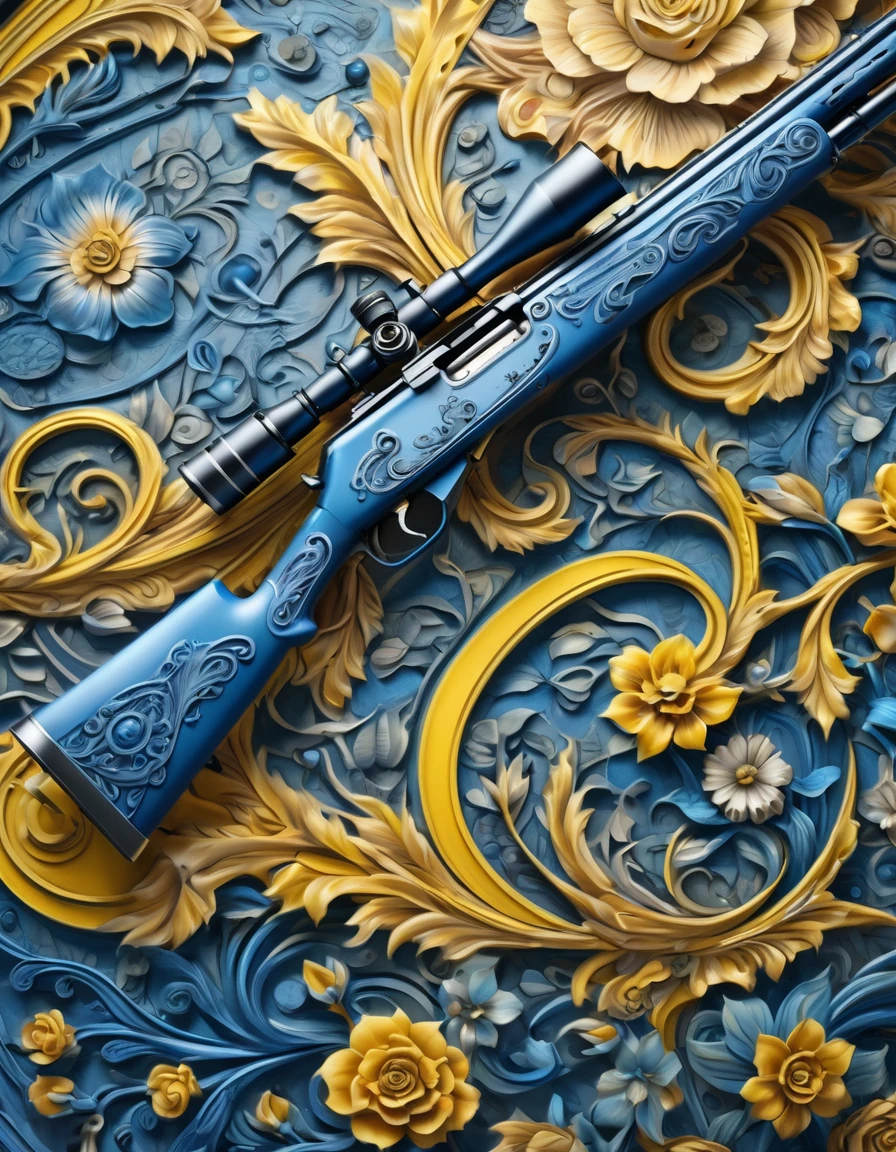 ornate rifle, tattoo style composition, artistically arranged elements, high relief textured, mostly blue tones and yellow details, floor, impressionalism, 8k, 4D