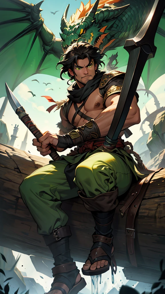 Hernan the barbarian, coming down from black dragon with green eyes, two axes