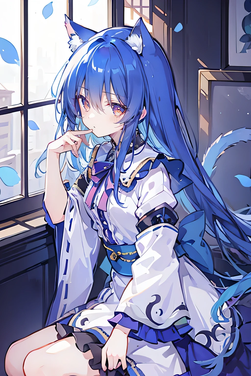 (Masterpiece:1.2),Ultra-detailed,lifelike,The eyes are expressive,Fair skin,Perfect face shape,1 girl,Japanese Manga,Gorgeous blue hair,Flowing blue hair,Flowing clothes,Cat ears,Petals falling,Shy face,sitting on window,Place your hand on your lips.