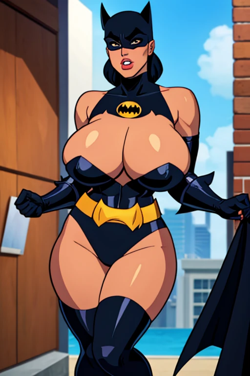 Batman transformed into a docile sexy female bimbo with huge breasts and thick lips