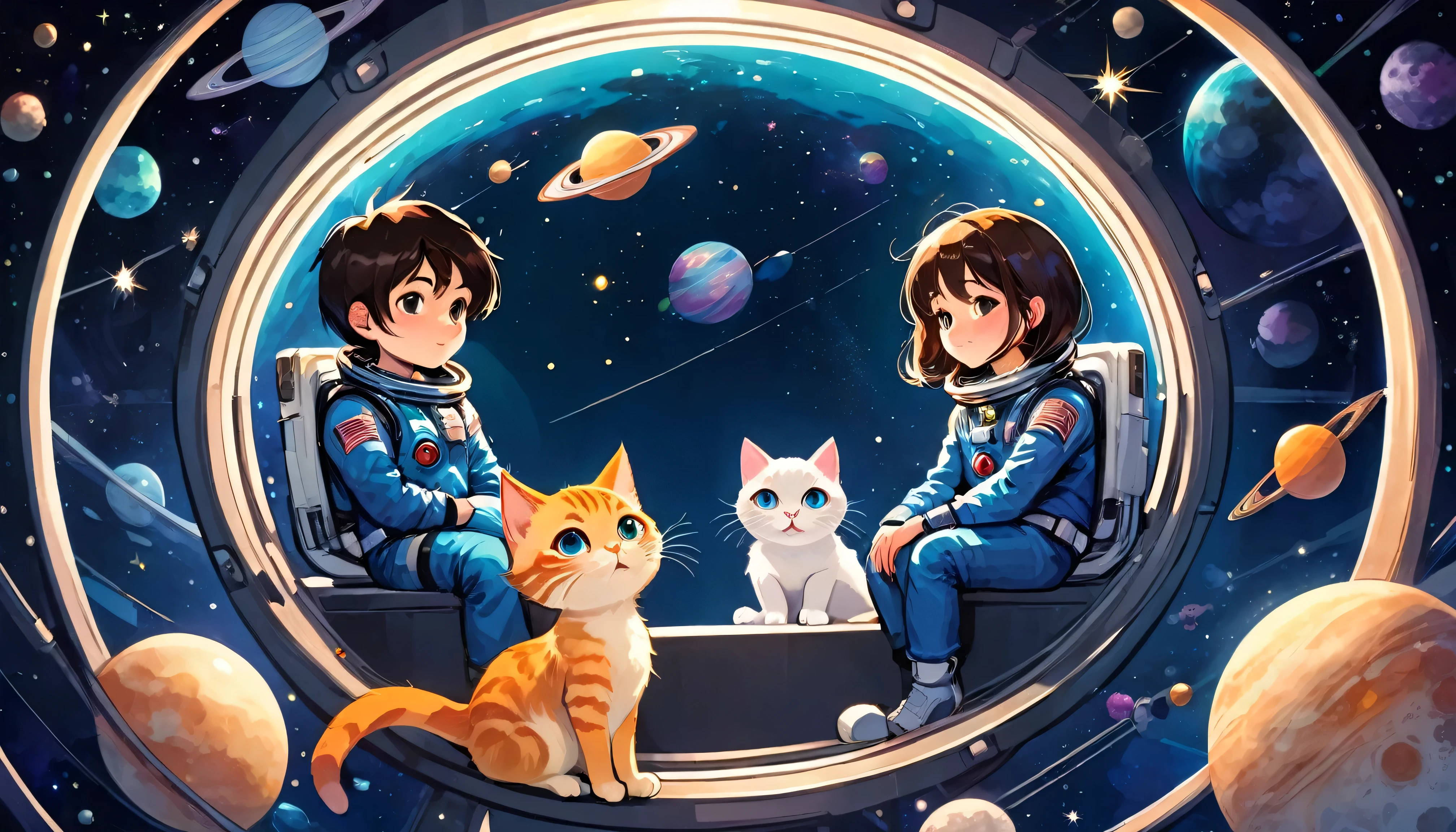 Cartoon illustration of a boy and a girl in space with cat, Official Fan Art, in space, kitten in outer space, in outer space, in deep space, In the Galaxy, deep space exploration!!!, space travel, Wearing the Stars and Planets, outer space, outer space, starry sky in space, in space, Official Art, space, on a spaceship, colorful, cute, More detailed, Light, More realistic, comics