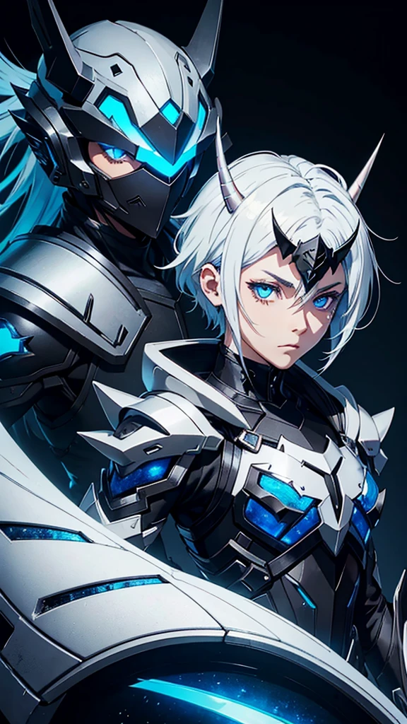 Make a male character ((extreme quality))anime girl with white spiky hair with a helmet with four pointy horns on the side and the eye openings on the helmet are like blue glass and matte black armor and blue symbols and marks all over its shoulder pads like scorpions' tails and various spikes and on his back six different moons bracelets with humic designs he has boots as dark as the night,he walks on a river and the moon is in the sky with black clouds and a sentence in this image (for the bank... MOON LORD PRIME) and he is in front