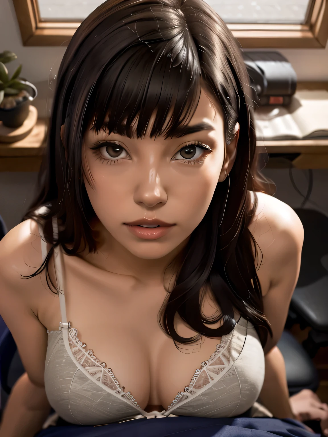 1girl, 1boy, breast press, from above, indoors, pov, bra, blush, collarbone, (best quality,4k,8k,highres,masterpiece:1.2),ultra-detailed,(realistic,photorealistic,photo-realistic:1.37),studio lighting,extreme detail description,professionally shot,vivid colors,HDR