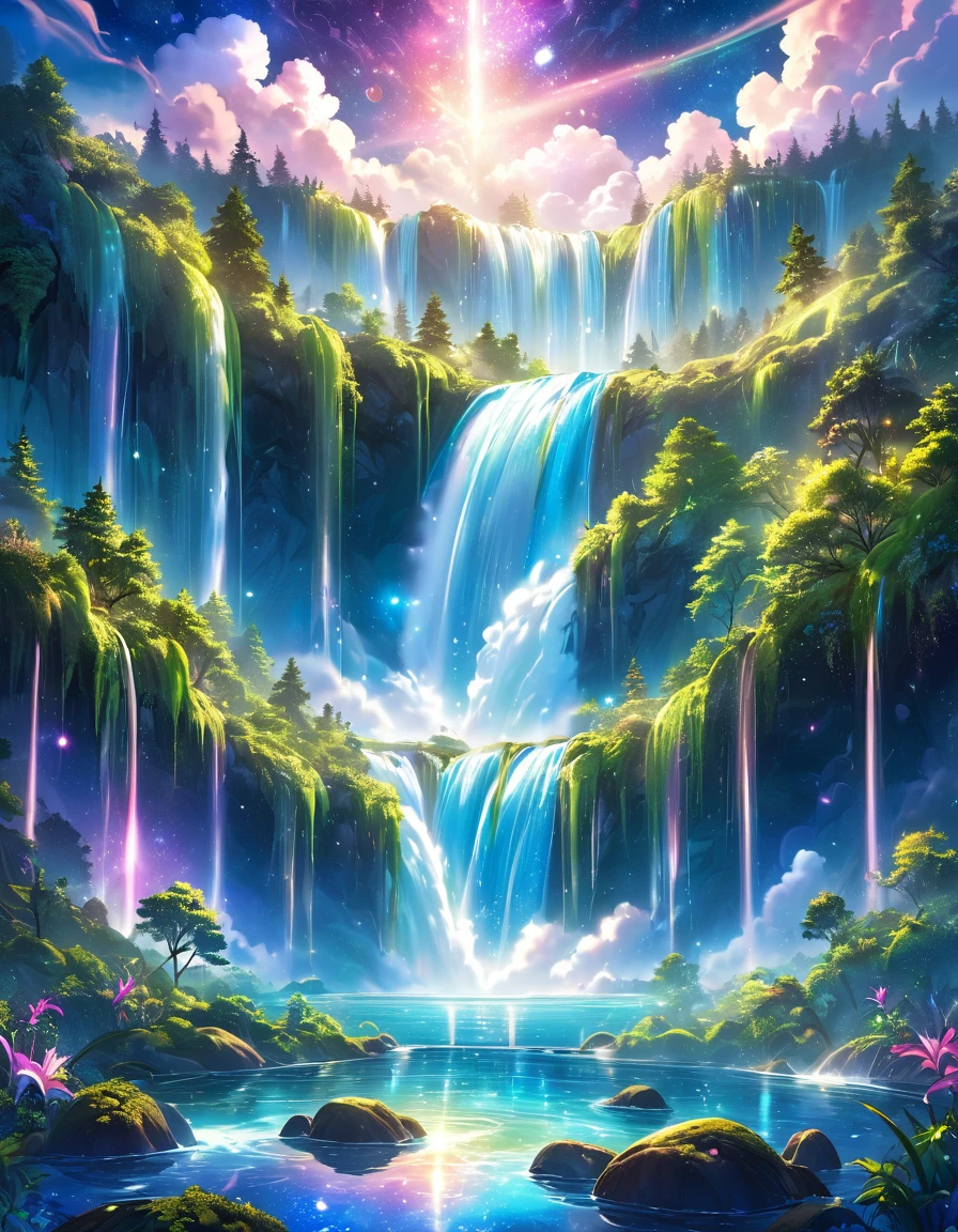 Imagine a surreal landscape where lush forests intertwine with shimmering celestial clouds, where cascading waterfalls flow into pools of liquid stardust. Picture a magical realm where earthly desires meld with ethereal beauty, creating a harmonious blend of nature and the divine.