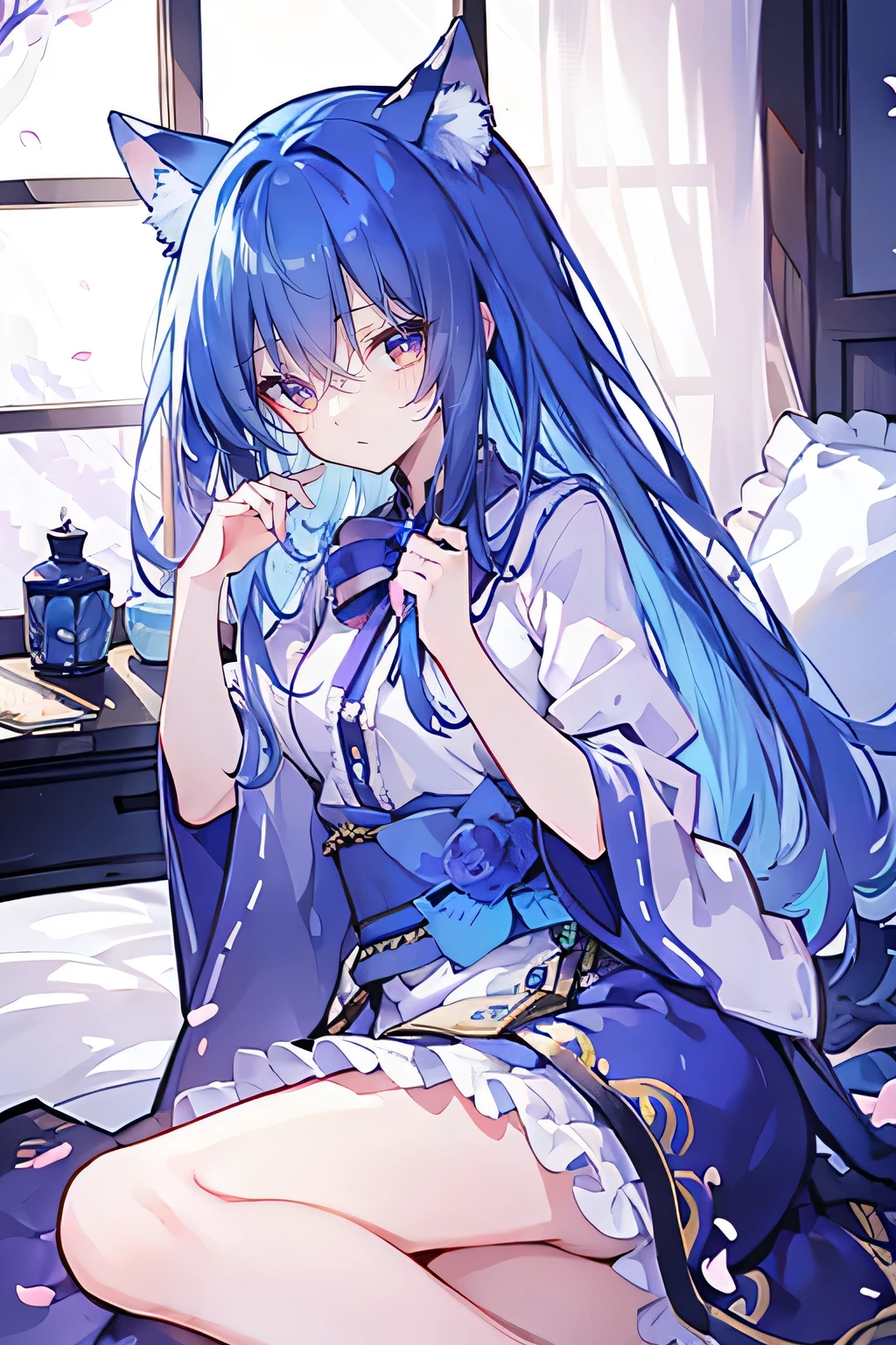 (Masterpiece:1.2)，Ultra-detailed，lifelike，The eyes are expressive，Fair skin，Perfect face shape，1 girl，Japanese Manga，Gorgeous blue hair，Flowing blue hair，Flowing clothes，Cat ears，Petals falling，Shy face，sitting on window，Place your hand on your lips.