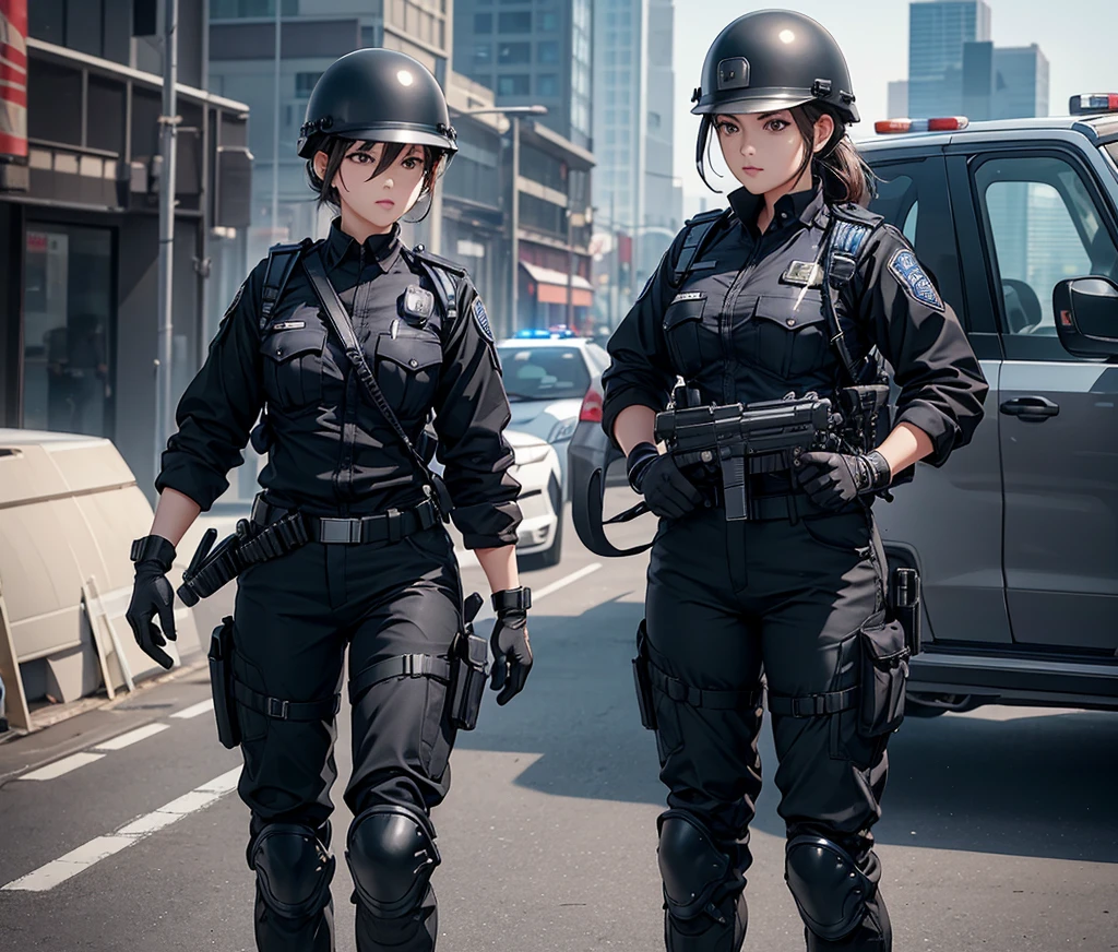 A group of female police officers wearing black zippered uniforms、Wear a steel helmet、Gloves、Tactical shoulder strap、trousers、Knee pads、Write details、masterpiece、best quality、Highly detailed CG、8K picture quality