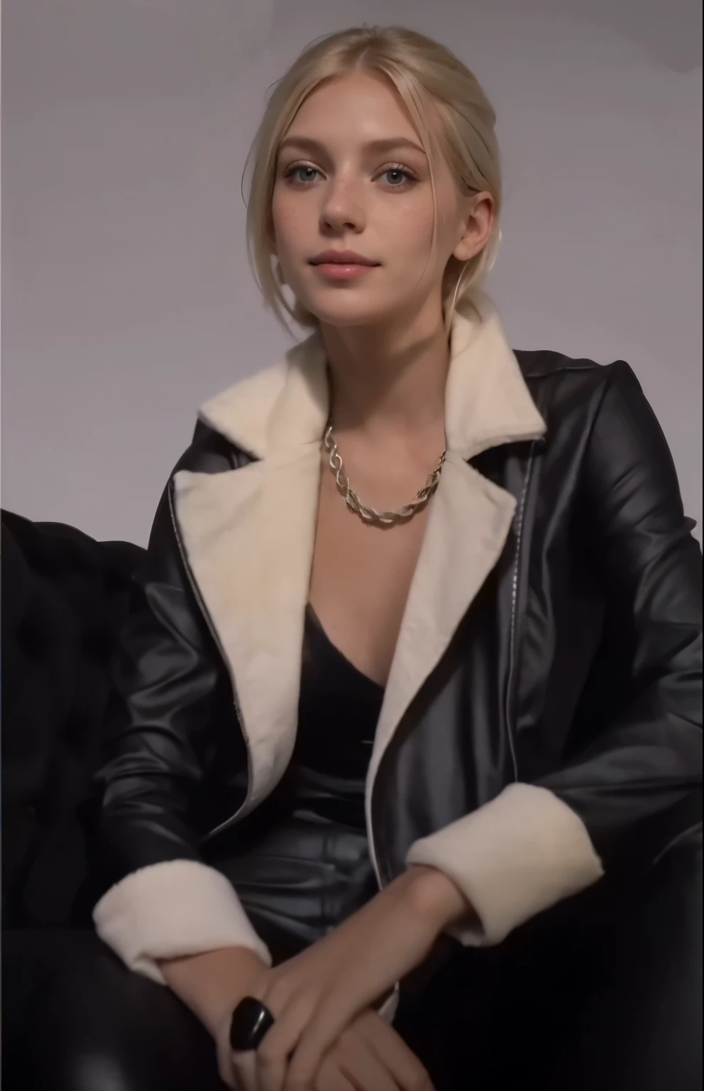 Woman, americana, age 25, pale skin and freckles, grey-eyed, delicate nose, soft and delicate lips, distant, cabelo blondie distant e ondulado na altura da cintura, Sweet smile, face with delicate feminine facial features, highly rendered, black leather pants