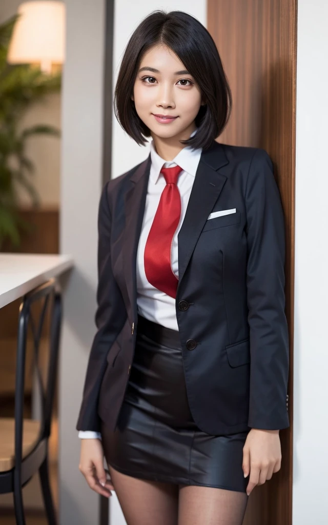girl, Hyper Realistic, masterpiece, smile, portrait, bobhair, skirt suit, dress shirt, red necktie, blazer, bodycon miniskirt, pencil skirt, tights, pantyhose