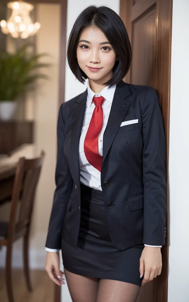 girl, Hyper Realistic, masterpiece, smile, portrait, bobhair, skirt suit, dress shirt, red necktie, blazer, bodycon miniskirt, pencil skirt, tights, pantyhose